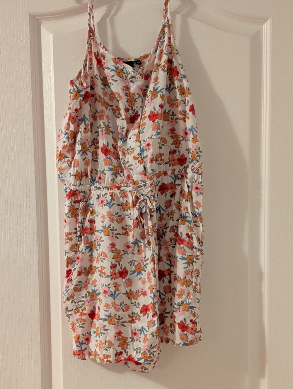 Women White Floral Romper with Pink & Orange Flowers